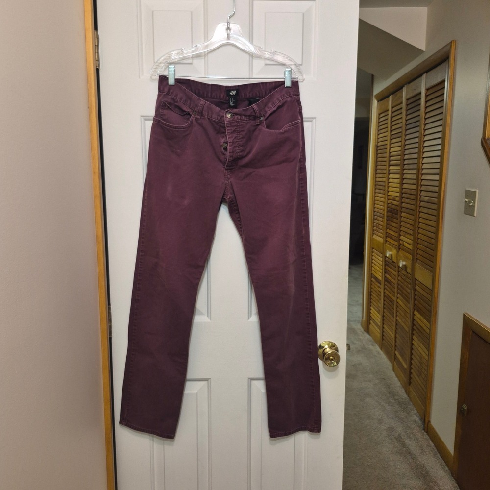 HM Mens 32 Maroon Burgundy Slim Straight Twill Pants Button Fly 32x31